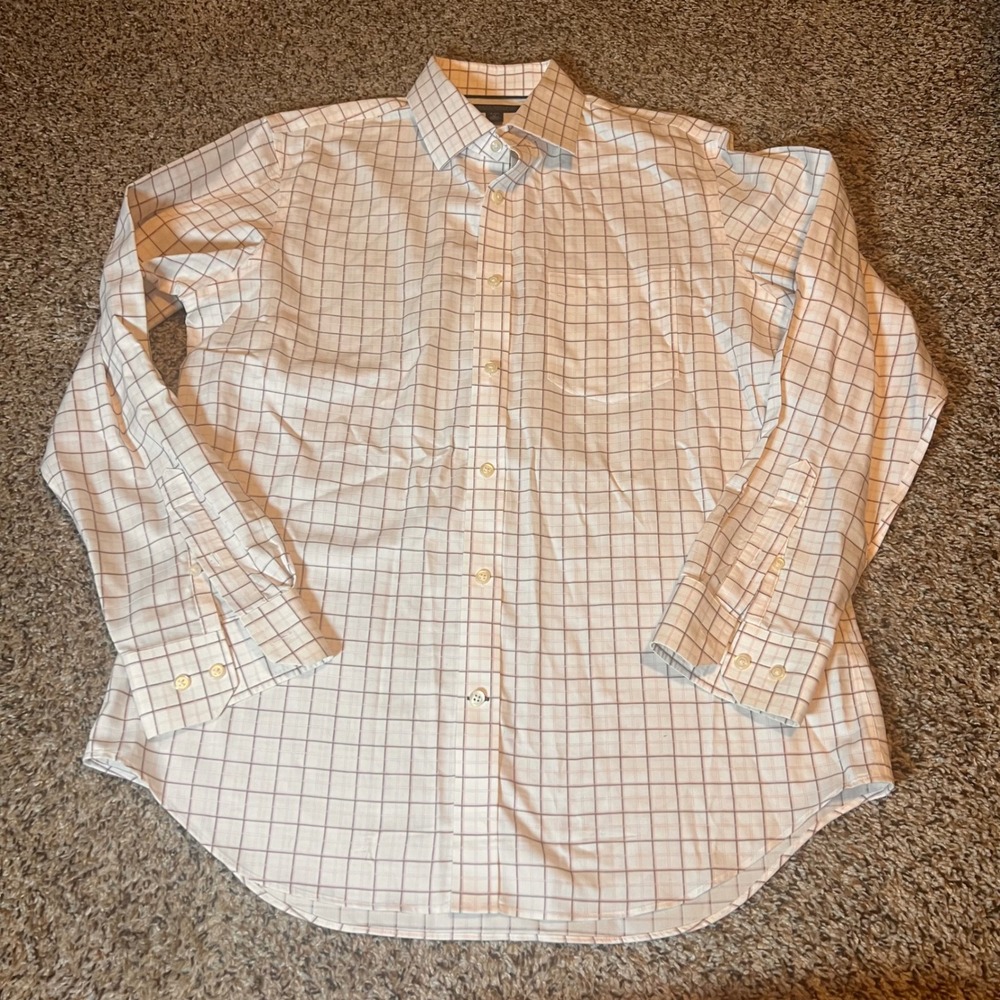 Banana Republic Non Iron Classic Fit Men's Dress‎ Shirt White Pink Grid Check M